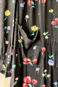 1940s Black Floral Shirt Dress / Medium - Large
