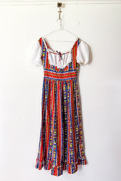 1970s Printed Folk Style Maxi Dress / Small