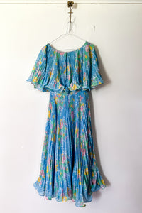 1970s Blue Floral Pleated Flutter Dress / XSmall - Small