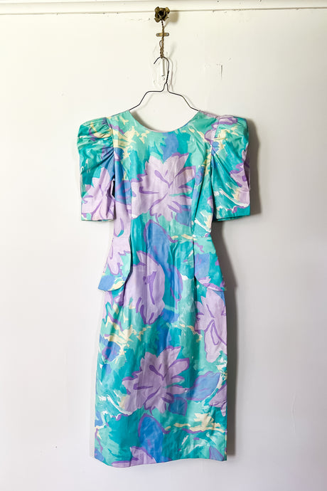 1980s Teal Floral Pencil Dress / XSmall - Small