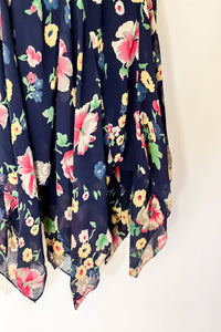 1990s Navy Floral Silk Ruffle Dress / Small - Medium
