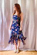 Load image into Gallery viewer, 1990s Navy Floral Silk Ruffle Dress / Small - Medium