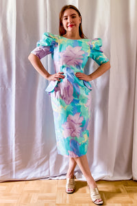 1980s Teal Floral Pencil Dress / XSmall - Small