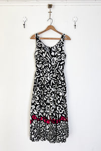 1980s Black and White Floral Printed Pleated Dress / Small