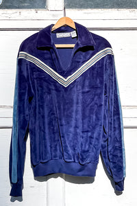 1970s Navy Velour Polo Sweater / Large