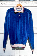 Load image into Gallery viewer, 1970s Blue Velour Polo Sweater / Large