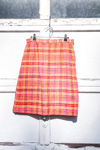 1960s Orange Plaid Tweed Pencil Skirt / Small