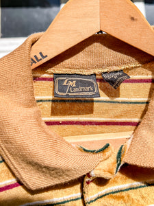 1970s-80s Camel Stripe Velour Polo Sweater / Medium