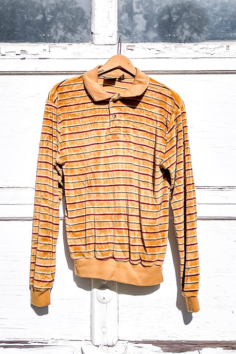 1970s-80s Camel Stripe Velour Polo Sweater / Medium