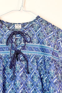 1970s Indian Cotton Blue Paisley Blouse / Small
