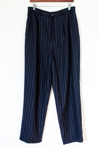 1990s Navy Pinstriped Pleated Trousers / Medium - Large
