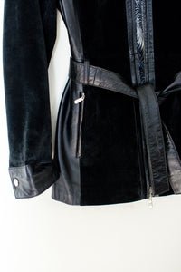 1990s Black Leather & Suede Belted Jacket / Small