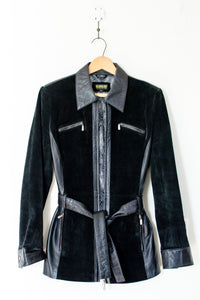 1990s Black Leather & Suede Belted Jacket / Small