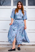 Load image into Gallery viewer, 1980s Blue Patterned Silk Shirt Dress / Large - XLarge