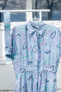 1980s Blue Patterned Silk Shirt Dress / Large - XLarge