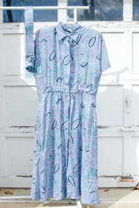1980s Blue Patterned Silk Shirt Dress / Large - XLarge
