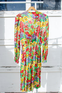 1980s Bright Floral Silk Faux Wrap Dress / XSmall - Small