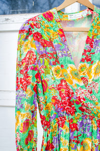 1980s Bright Floral Silk Faux Wrap Dress / XSmall - Small