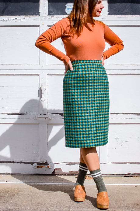 Vintage Teal Herringbone Pencil Skirt / Small