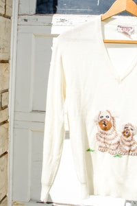 Vintage Ivory Dog Embroidered Sweater / Small - Medium