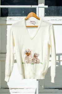 Vintage Ivory Dog Embroidered Sweater / Small - Medium