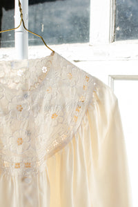 Vintage Ivory Lace Bib Silk Blouse / Small