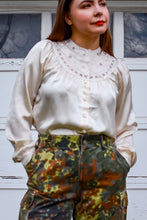 Load image into Gallery viewer, Vintage Ivory Lace Bib Silk Blouse / Small