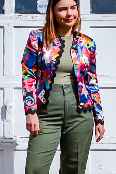 1980s-90s Artsy Satin Fitted Jacket / XSmall