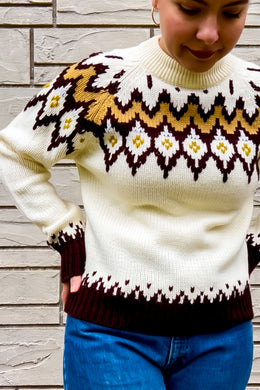 1970s Cream & Brown Fairisle Mockneck Sweater/ Small - Medium
