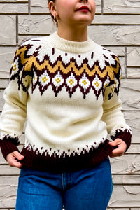 1970s Cream & Brown Fairisle Mockneck Sweater/ Small - Medium