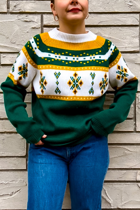 1970s Green & Yellow Fairisle Mockneck Sweater/ Medium - Large