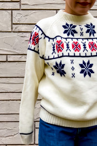 1970s White & Blue Fairisle Mockneck Sweater/ Medium - Large