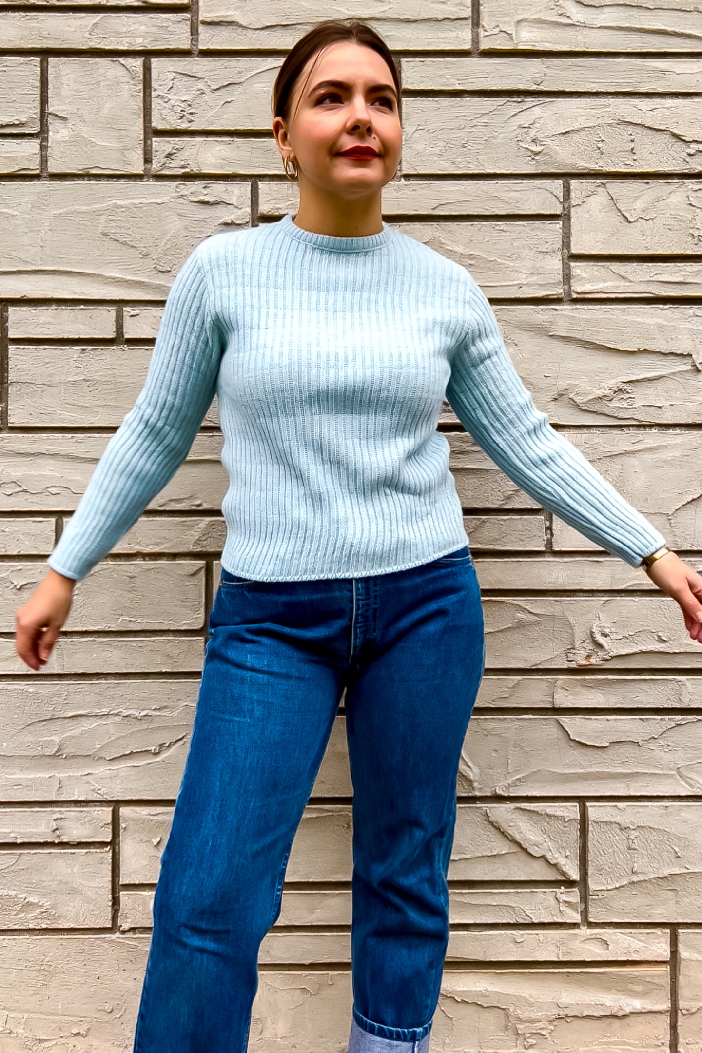 1970s Light Blue Ribbed Sweater / Small - Medium