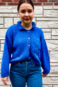 1980s Cobalt Blue Henley Sweater / Large