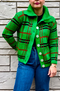 1950s-60s Bright Green Plaid Cardigan / Medium