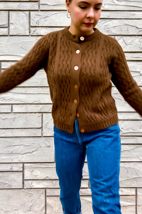 1950s-60s Brown Cable Knit Cardigan / Medium - Large