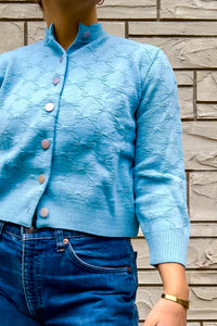 1950s-60s Baby Blue Textured Cardigan / Medium