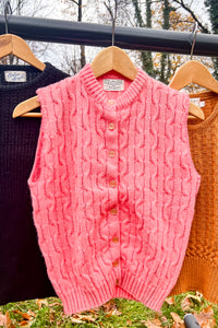 1960s-70s Hot Pink Cable Knit Sweater Vest / Medium - Large